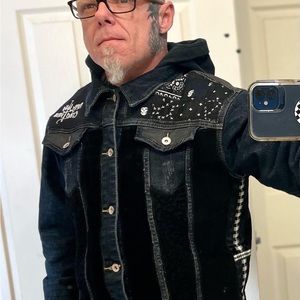 Custom denim jacket Poppa JoNo Creations quilt pattern black corduroy embroider